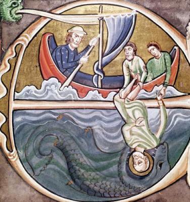 Historiated initial 'E' depicting Jonah Thrown into the Sea